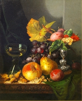 Plums, raspberries and white currants in a tazza with black grapes, a peach, a pear, whitecurrants, plums and hazelnuts on a draped wooden table with a roemer
