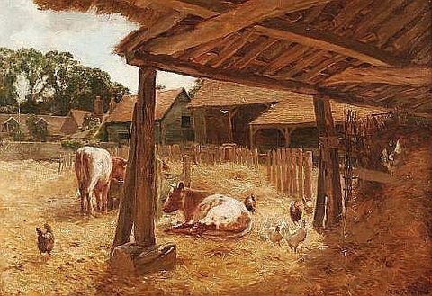 Cattle and Chickens in a Farmyard