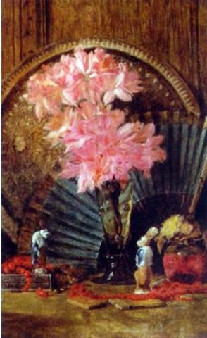 Azaleas in a Vase with a Fan and Figurines on a Table